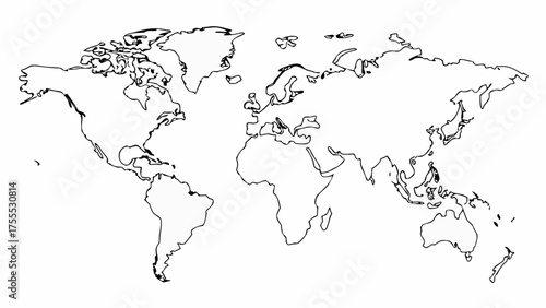 A simplified world map outline showing continents and major landmasses in black on a white background
