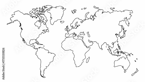 A simple world map outline showing continents and islands in black on a white background design style