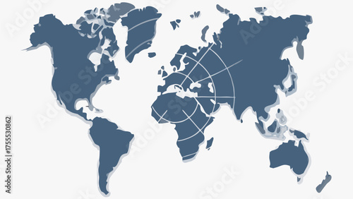 World map illustration with continents in blue and white background and circular grid lines centered