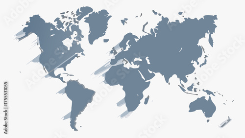 A stylized world map with continents shaded in gray and white background for geographical representation