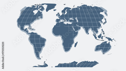 World map in blue with grid overlay showing continents and antarctica on a light background surface