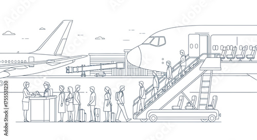 Aviation outline illustration depicting passengers boarding an airplane at the airport terminal