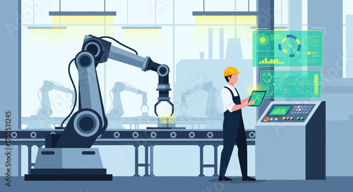 Automation and digital transformation in a modern manufacturing factory setting with robotic arms