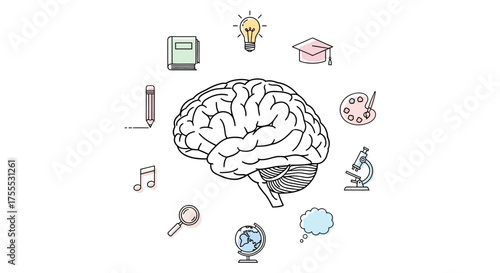 Brain power representing creativity, learning and innovation, with science objects