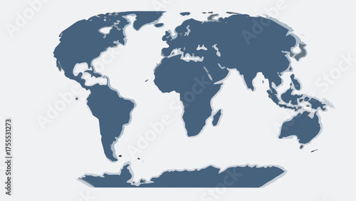 A world map projection showing continents and land masses in a stylized blue and white color scheme design