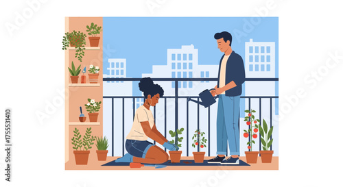 Couple gardening together on a balcony in a city setting illustration style design