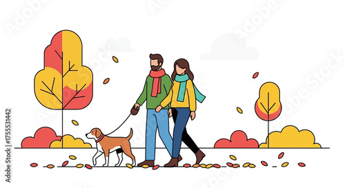 Couple walking dog in autumn park with colorful falling leaves and trees illustration