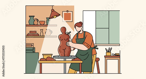 Creative process of sculpting a female figure in a cozy pottery studio with artistic ambiance