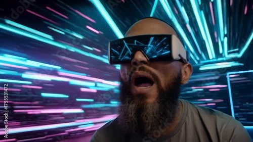 Immersive VR Experience: Man Exploring a Futuristic Virtual World with Excitement and Surprise