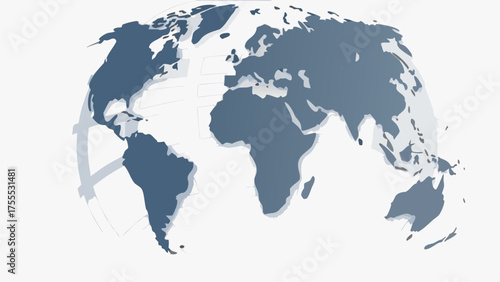 World map globe view showing continents in blue and white background with a spherical perspective