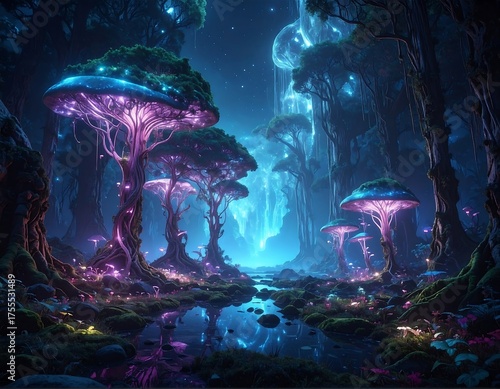 Mystical forest scene with bioluminescent mushrooms and soft, blue ethereal light cascading through the trees