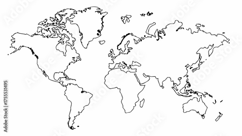 Detailed outline of the world map showing continents and islands in a minimalist black and white style