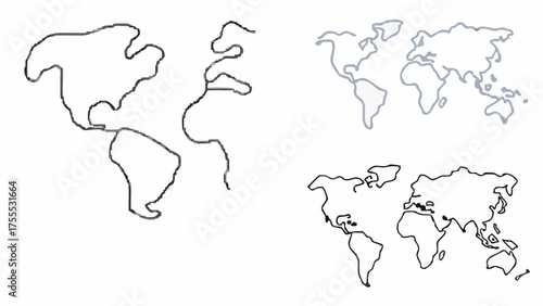 Outlines of world maps showing continents in different styles and line weights on a white background