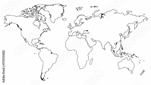 Outline map of the world showing continents and islands in a simple black and white illustration style