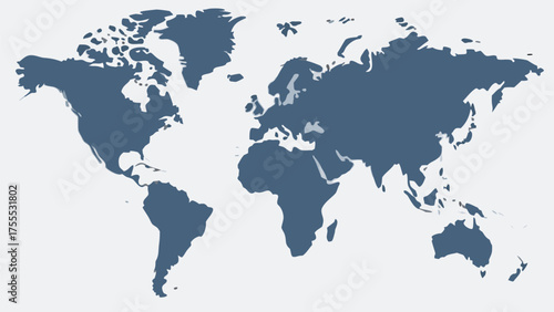 Stylized world map illustration showing continents in a solid color on a light background surface view