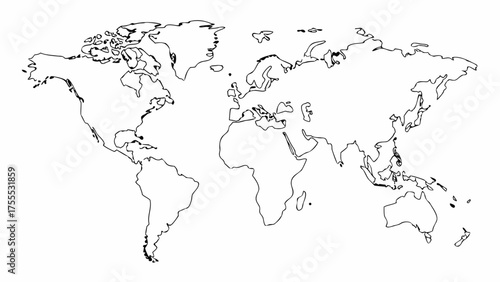 Outline world map showing continents and islands in black on a white background in a simple line drawing
