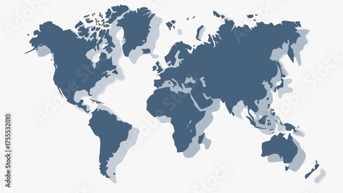 A stylized world map with a shadow effect showing continents in a simple and modern design aesthetic