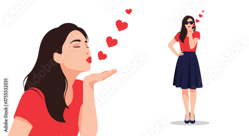 A woman sending air kisses and a woman receiving them with hearts floating.
