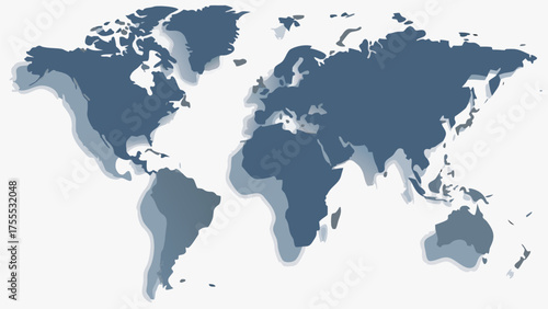 A world map illustration with continents in shades of blue and a white background showing landmasses
