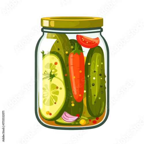 Pickled Cucumbers in Clear Glass Jar with Vegetables pixel art Still Life Against White Background Vector Illustration
