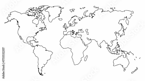A simple outline map of the world showing all continents in a minimalist black and white illustration