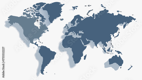 Illustration of a world map with continents in blue and light gray on a white background flat design
