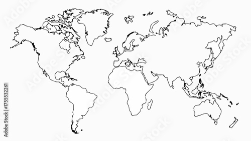 World map outline showing continents in a simple black and white geographical representation of the earth