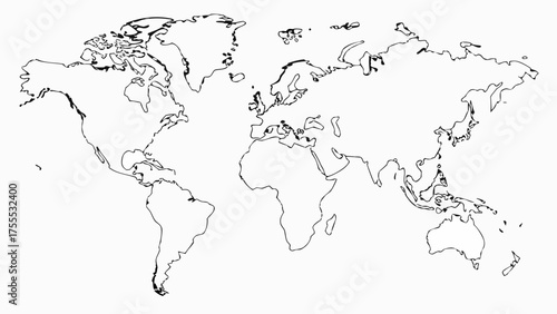A simple outline map of the world showing continents and coastlines in black on a white background style