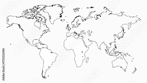 World map outline showing continents including north america europe asia and africa in black and white style