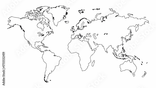 A simple world map outline showing continents and islands in a minimalist black and white design style