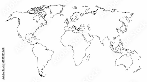 World map outline showing all continents in a minimalist black and white design with clear geographical features