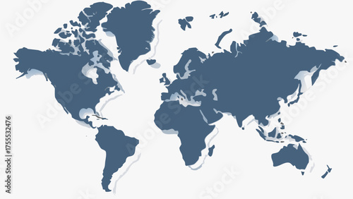 World map illustration showing continents in blue with a white background and shadow effect design element