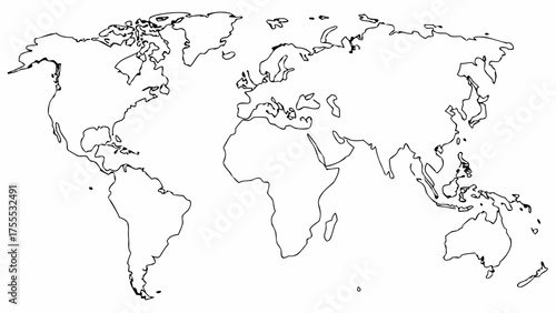 Simple world map outline showing continents and land masses in black and white geographical representation