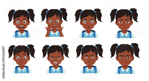 A collection of expressive cartoon faces of a young Black girl showing various emotions and reactions