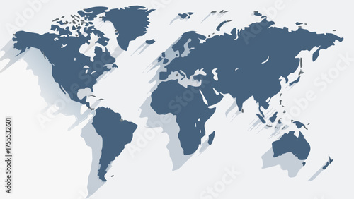 A stylized world map illustration showing continents in blue with soft drop shadows on a white background