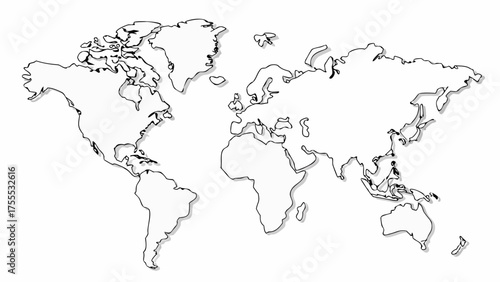 A black and white outline of the world map showing all continents and some islands with drop shadows