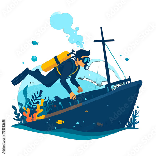 Pixelated Diver Exploring Sunken Ship With Marine Life In Azure Waters And Yellow Tank