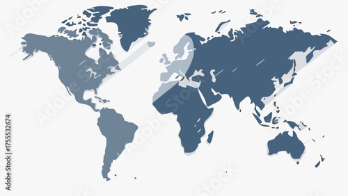 World map illustration with continents outlined in shades of blue on a white background display
