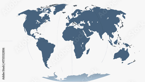 A world map projection showing continents in blue against a white background with subtle shadow effect