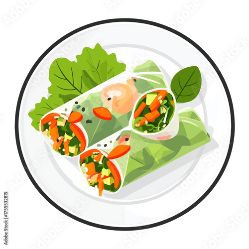 Overhead View of Two Green Spring Rolls with Vegetables and Shrimps on White Plate Food Still Life