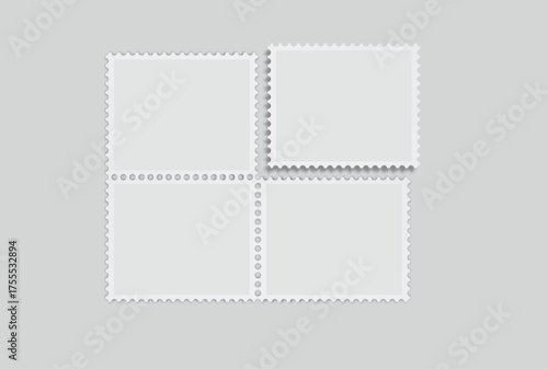 Blank vector realistic rectangle postage stamp mockups frames with perforated edges. Template suitable for presentation postcard, letter, label, coupon, boxes, stamp, sticker, envelopes, leaflets 
