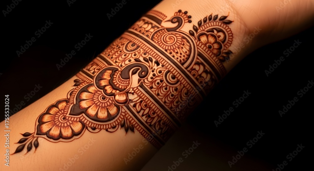 Fototapeta premium Elegant henna armband design on a forearm, featuring intricate peacock motifs, floral patterns, and decorative borders, highlighted against a dark, contrasting background.