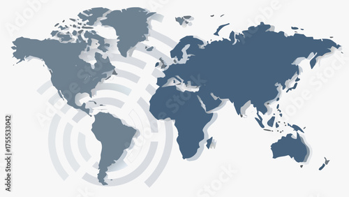 World map in shades of gray with concentric circles emanating from the center of the continents