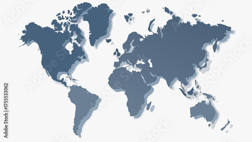 World map illustration with a blue grey color scheme showing continents and geographical landmasses