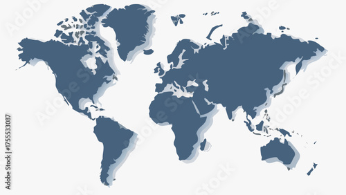 A world map illustration with a blue color scheme and a subtle shadow effect on a white background