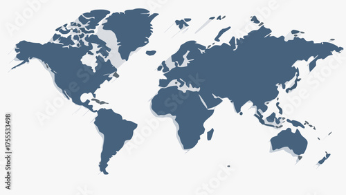 Stylized world map in blue with drop shadow effect on a white background showing all continents