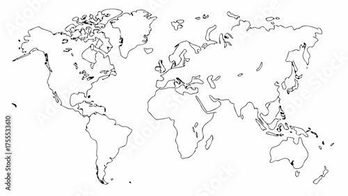 World map outline showing continents and islands in simple black and white geographic representation style