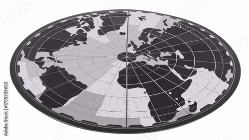 A world map in an oval projection with continents in grayscale and grid lines showing latitude and longitude