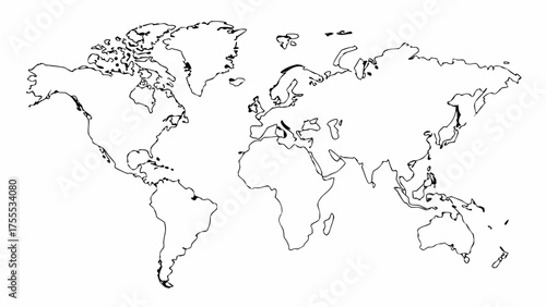 A simple world map outline showing continents and islands in black and white minimalist style drawing