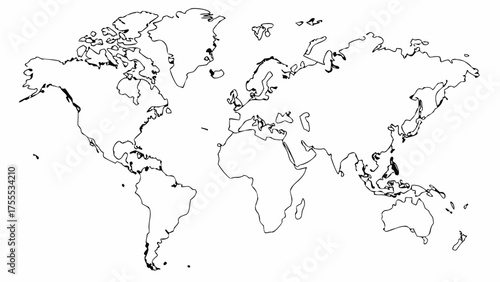 Detailed outline map of the world continents and islands in black and white color scheme illustration